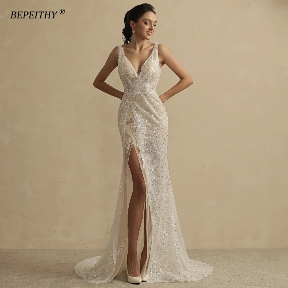 BEPEITHY Exquisitos vestidos de novia de princesa con purpurina para mujer 2022, vestidos de novia de novia color marfil con mangas largas y espalda abierta y brillantes