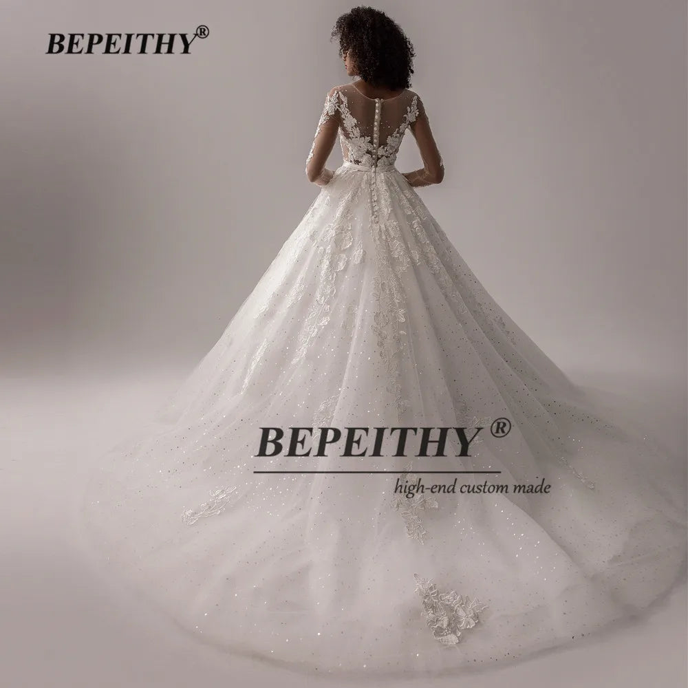 BEPEITHY Vestido de novia con escote en O y manga larga de tul brillante para mujer, vestido de novia estilo princesa, vestido de novia exquisito