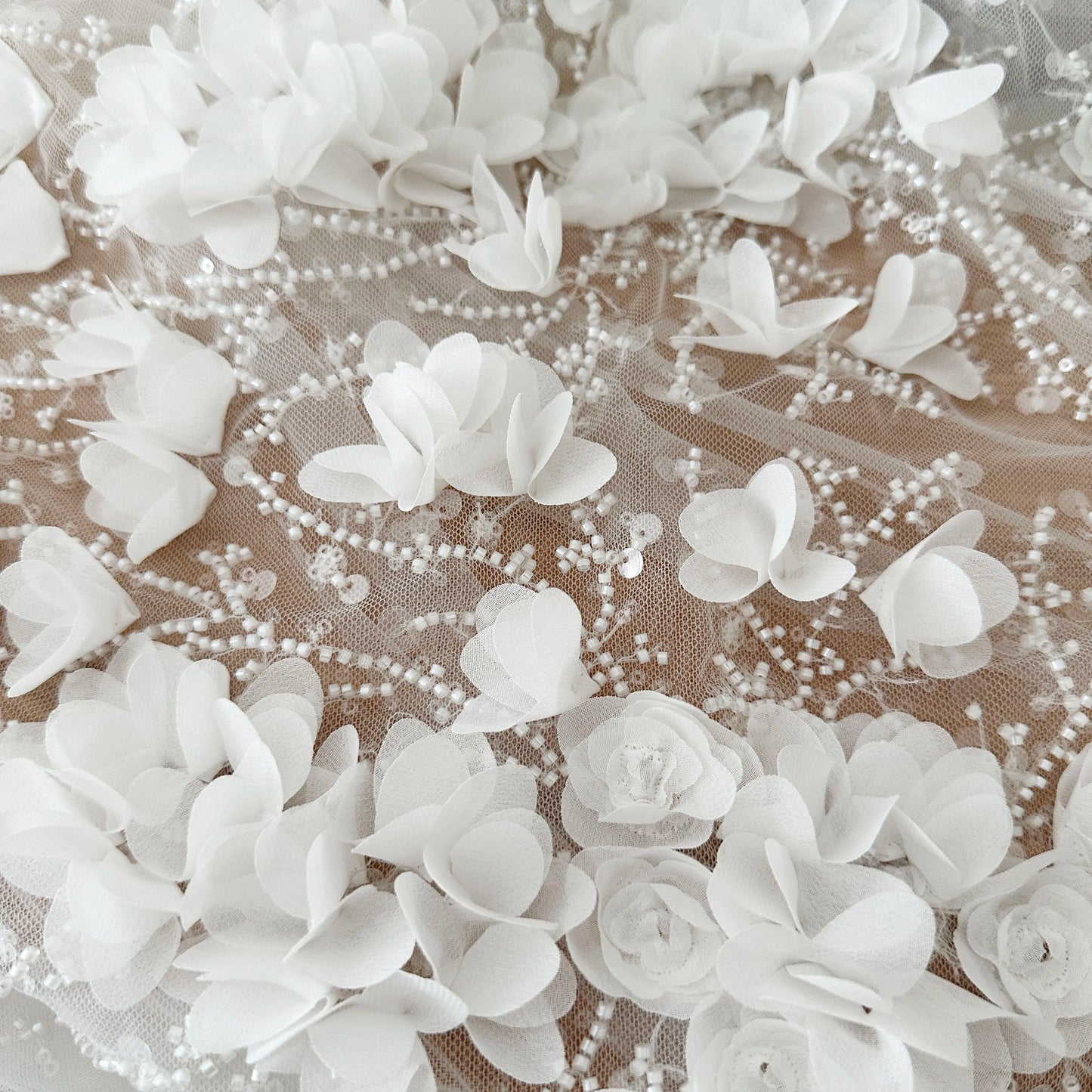 Off White 3D Flowers Beaded Embroidery Lace Fabric.Laser Chiffon Flowers Applique.High Quality Sewing Fabric for Wedding Dresses