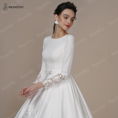 BEPEITHY Vintage Long Sleeves O Neck Ivory Wedding Dresses For Muslim Women 2023 France A Line Lace Modern Bride Bridal Gown