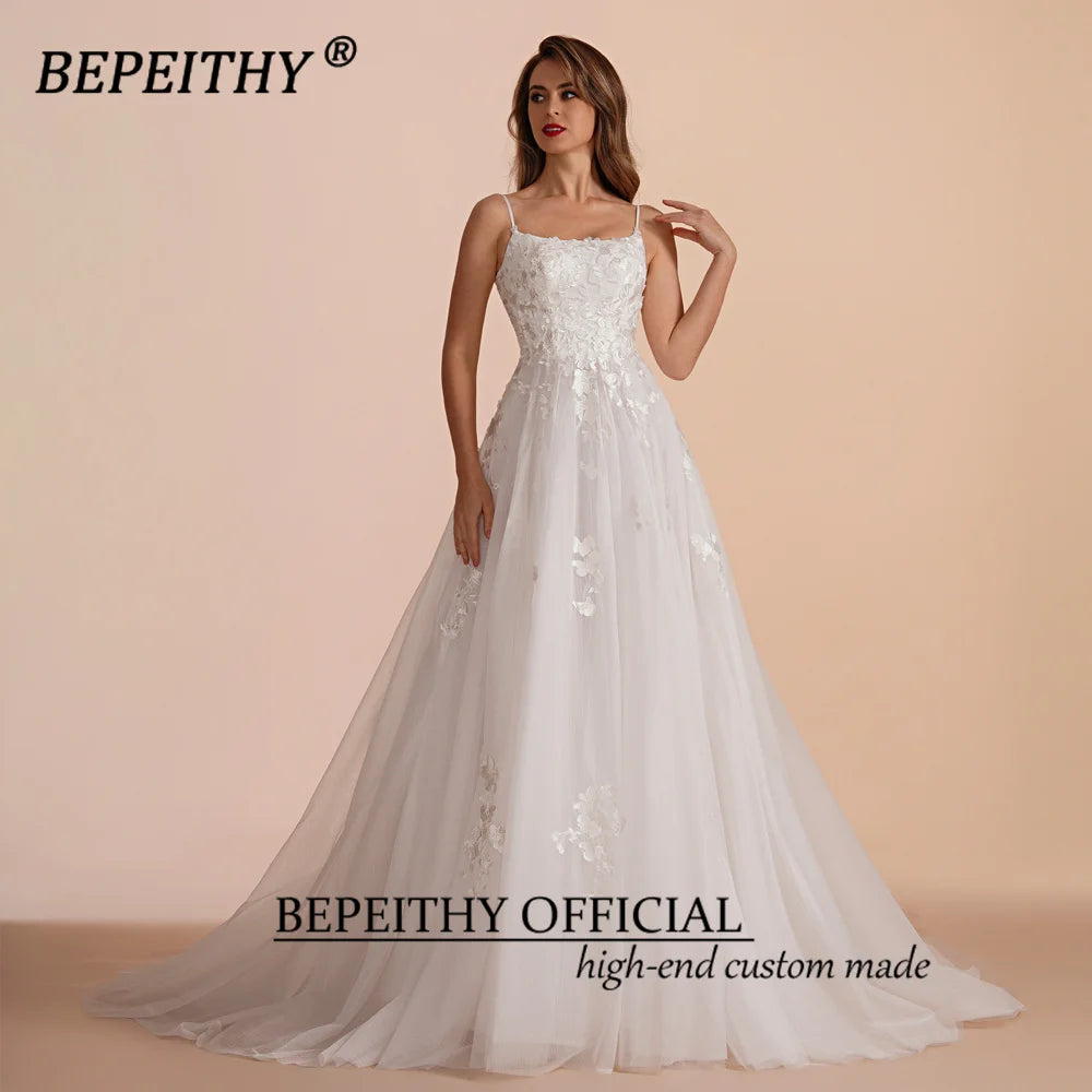 BEPEITHY Ivory A Line Wedding Dresses 2023 For Women Bride Sleeveless Sweep Train Boho Robe De Mariée White Bridal Gown