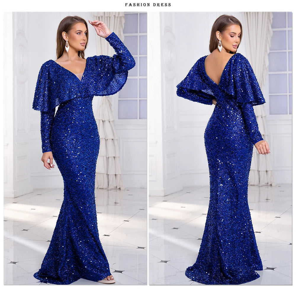 Romagic V Neck Wedding Party Dress Full Sleeve With Cape Elegant Women Evening Gown Sexy Dresses 2024