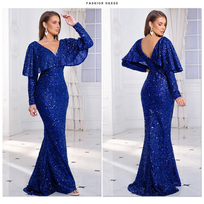 Robe de soirée de mariage à col en V Romagic à manches longues avec cape Robe de soirée élégante pour femmes Robes sexy 2024