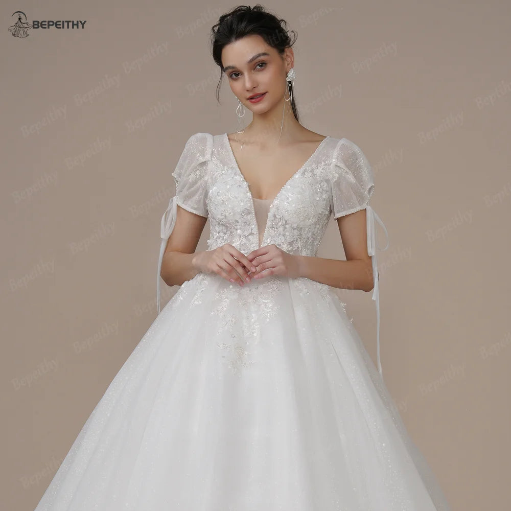 BEPEITHY Short Sleeves A Line Ivory Wedding Dresses For Women Sexy V Neck Open Back Boho Pearls Bride Glitter Bridal Gown 2023