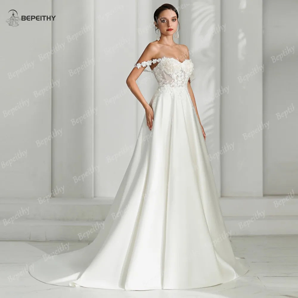 BEPEITHY Une ligne chérie dentelle robes de mariée civile sans manches balayage train ivoire mariée robe de mariée robes de mariée pour les femmes