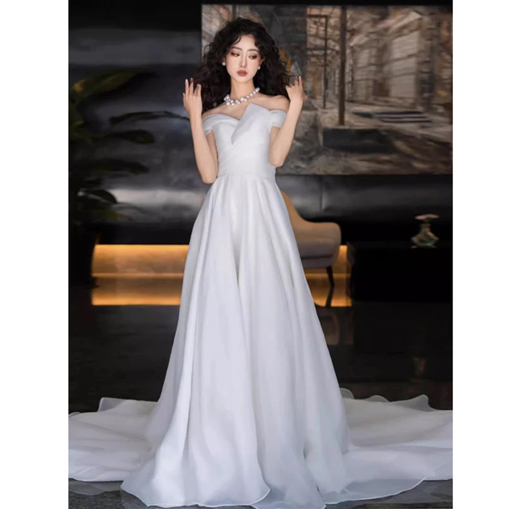 Vestido de novia de satén con corte A, hombros descubiertos, espalda transparente, manga corta, talla grande para mujer, estilo princesa Robe de Mariee