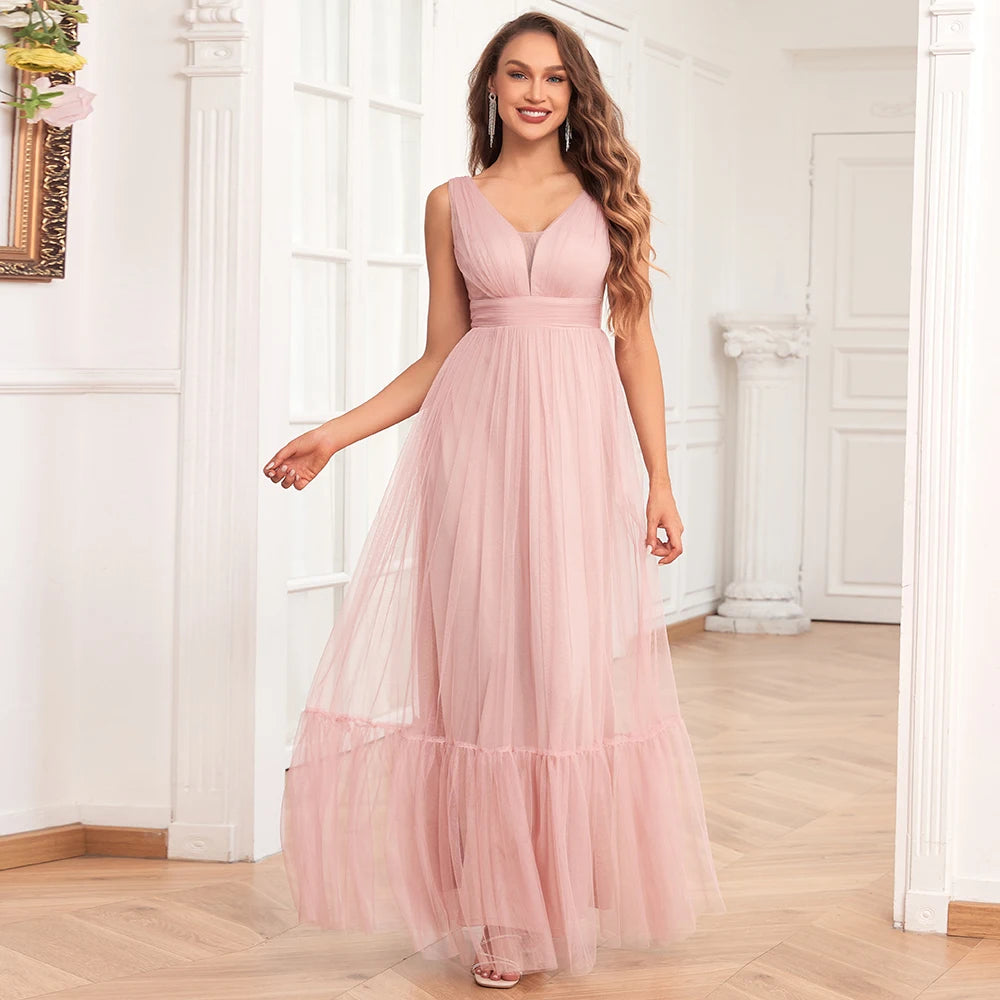 New Women Elegant V-neck Sleeveless Tulle Evening Dress A-Line Fluffy Gauze Wedding Bridesmaid Party Dress