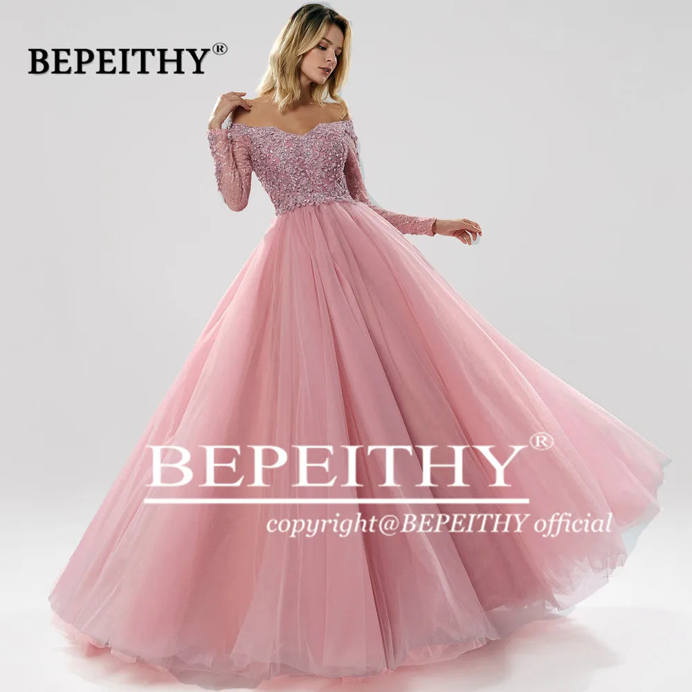 BEPEITHY Robe de soirée à manches longues sans bretelles, élégante, pour bal de promo, Quinceanera, pour femmes, occasion formelle, 2023