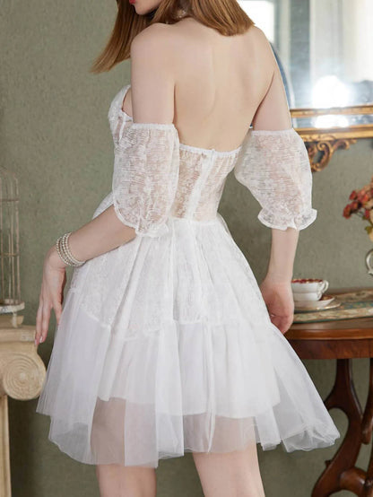 Robe de bal transparente à plusieurs niveaux pour la rentrée scolaire, robe de mariée courte à épaules dénudées avec manches bouffantes, mini robe de mariée