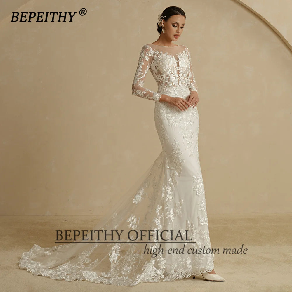 BEPEITHY Vestidos de novia de encaje de sirena 2022 Mangas tres cuartos Cuello barco Vintage Boho Novia Corte de cola Vestido de novia para fiesta Nuevo