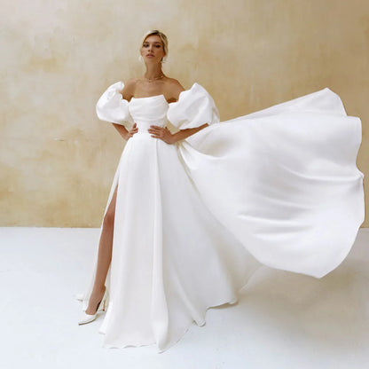 Robe de mariée élégante en satin à manches courtes bouffantes 2024 Robe de mariée blanche simple et unie A-Line avec fente latérale et traîne