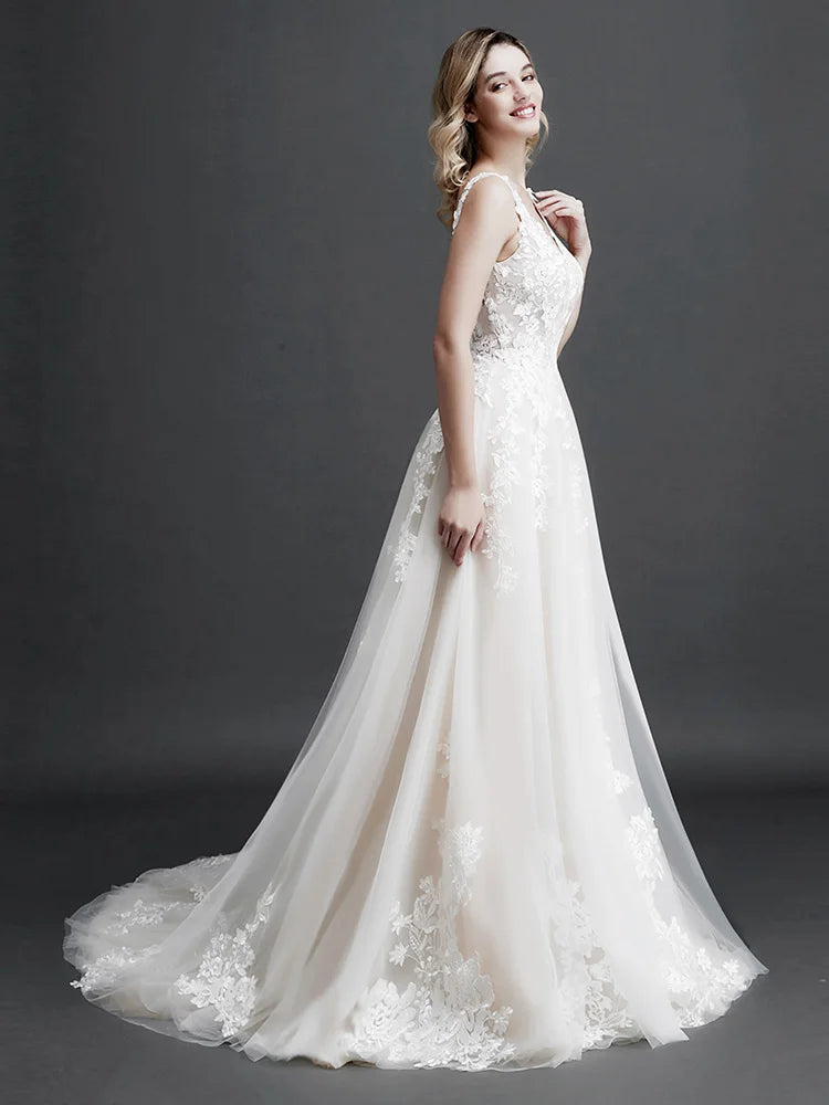 Robe de mariée élégante en dentelle A-Line pour femme, coupe ajustée, col en V, dos nu, robe de mariée, nouvelle collection 2024, robe de soirée avec appliques de fleurs 3D