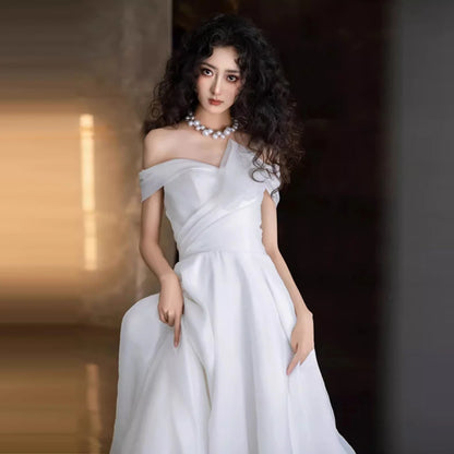 Vestido de novia de satén con corte A, hombros descubiertos, espalda transparente, manga corta, talla grande para mujer, estilo princesa Robe de Mariee