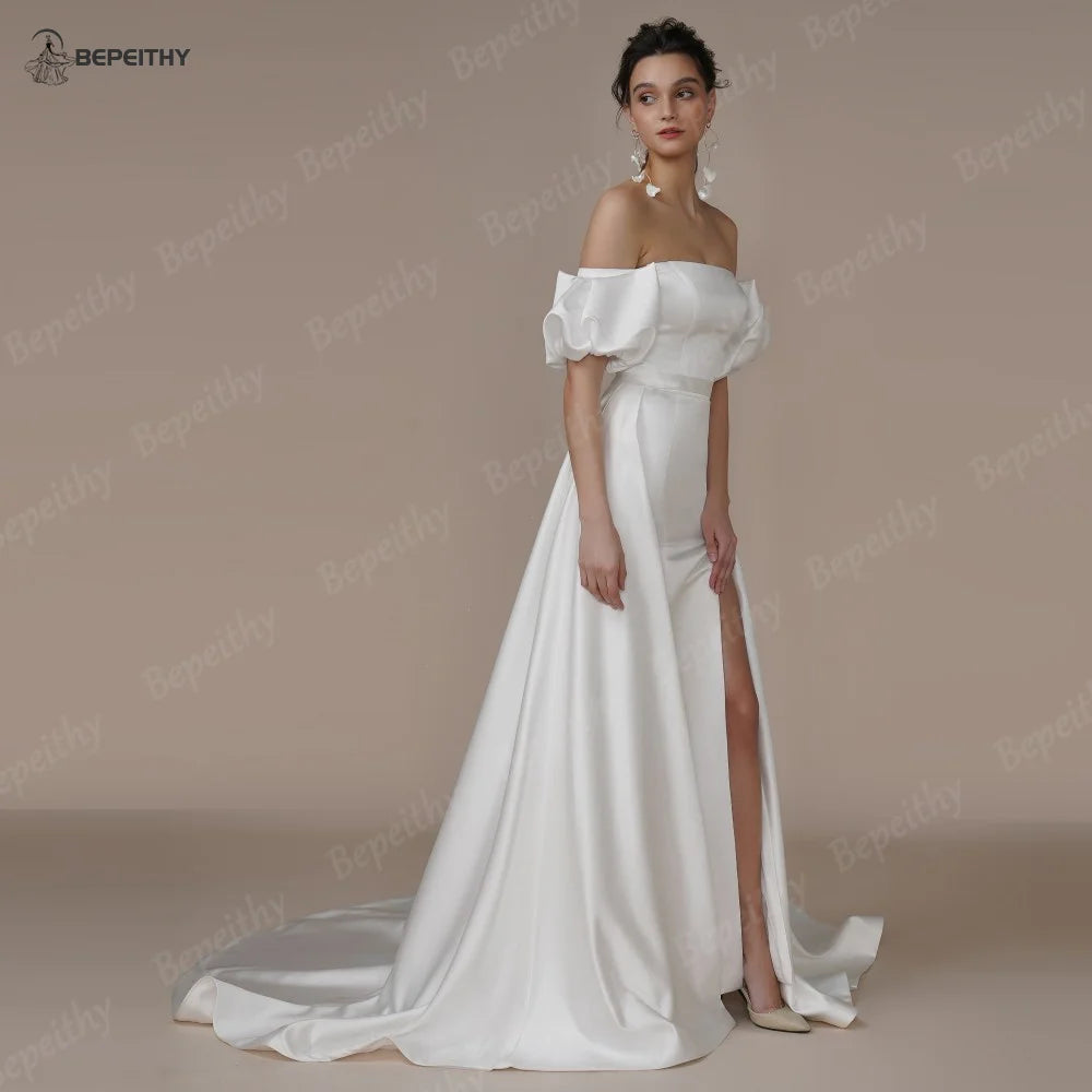 BEPEITHY Ivory Satin Off Shoulder Long Evening Wedding Dresses For Women Short Sleeves High Slit Sexy Bridal Prom Party Gown