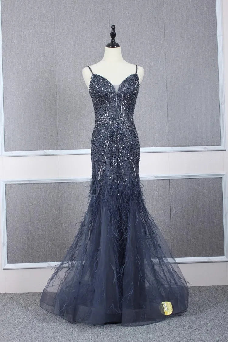 Hot Sale Navy Blue Mermaid Sexy Off Shoulder Beaded Feathers Cover Luxury Evening Dresses Gowns For Women Wedding Party 2024