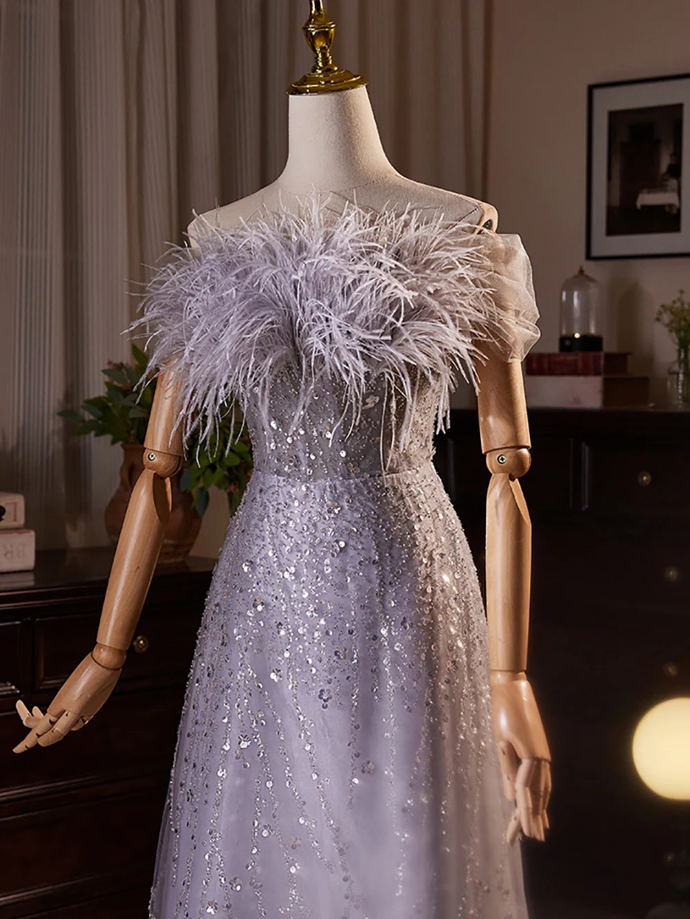 Nouvelle arrivée violet chérie plumes A-ligne robes de soirée de luxe 2024 texture haut de gamme robe de perles pour les femmes fête de mariage