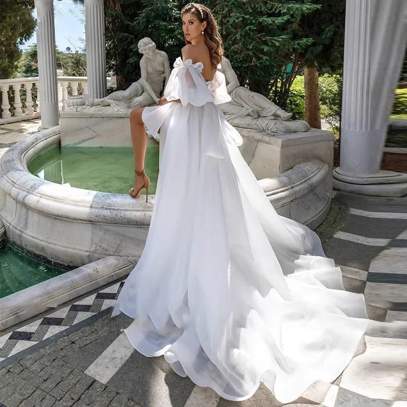 Elegante vestido de novia con abertura lateral alta, manga corta, corte A, hombros descubiertos, vestido de novia personalizado, talla grande