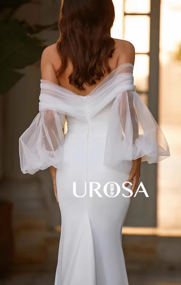 Vestidos de novia con hombros descubiertos, satén, sirena, abertura, mangas largas, vestido de novia elegante, vestido de novia con hombros cortos, talla grande