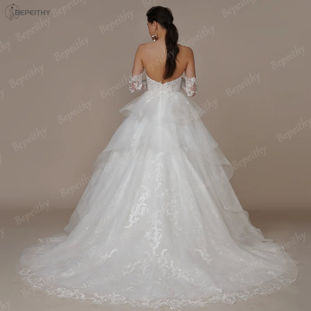 BEPEITHY Strapless A Line Glitter Wedding Dresses For Bride Sweep Train Ruffles Skirt Modern Princess Bridal Gown Ivory 2023 New