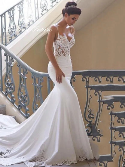 Robe de mariée sirène en satin et dentelle Morden, robe de mariée sans manches en cœur, simple, unie, longue traîne, traîne de balayage, sur mesure, 2024