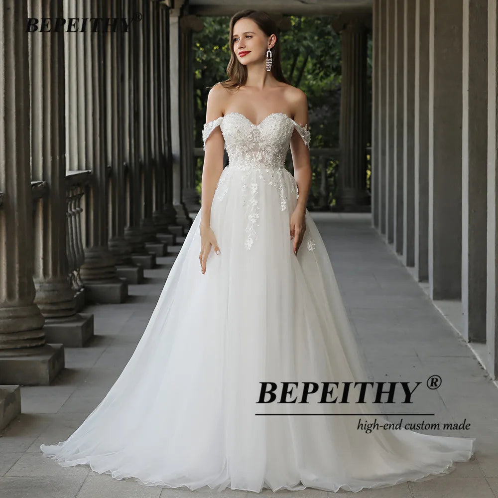 BEPEITHY Sweetheart Wedding Dresses For Women Bride Boho A Line Plus Size Off The Shoulder Lace Bridal Beach Gown Sleeveless