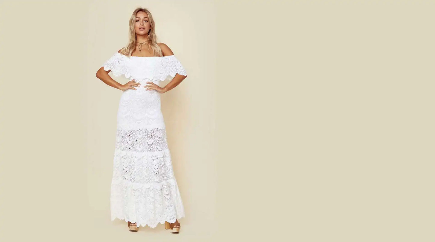 Vestido de novia de encaje bohemio con hombros descubiertos para mujer, vestido de novia de playa con escote en V profundo, sin mangas, vestido de verano de cintura alta