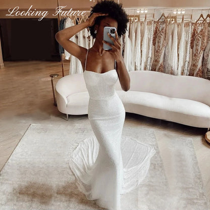 Glitter Mermaid Spaghetti Straps Sequins Wedding Dresses Open Back Beading Sweetheart Bride Gown Shiny Court Train Open Back