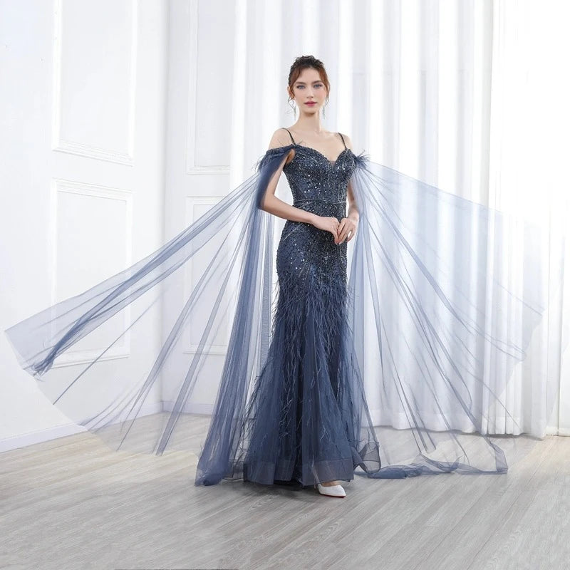 Hot Sale Navy Blue Mermaid Sexy Off Shoulder Beaded Feathers Cover Luxury Evening Dresses Gowns For Women Wedding Party 2024