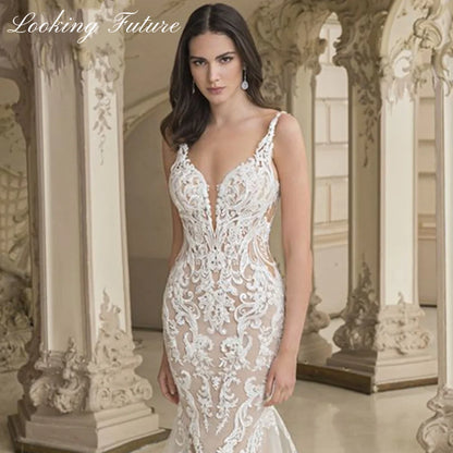 Luxury Mermaid Deep V-Neck Wedding Dresses Lace Appliques Sleeveless Sexy Bride Gown Backless Zipper Train Vestidos De Novia