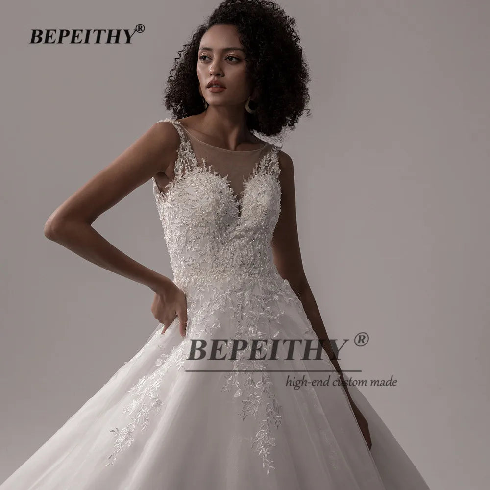 Vestido de novia sin mangas con corte en A de BEPEITHY para mujer 2023, vestido de novia con cola de corte y espalda baja con encaje