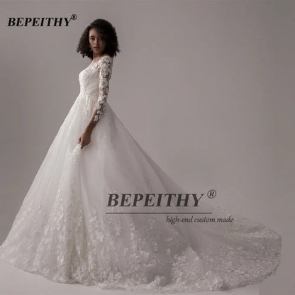 BEPEITHY Vintage Lace Wedding Dresses For Women 2023 Full Sleeves Princess Bridal Gowns Elegant Court Train Scoop Bride Dress