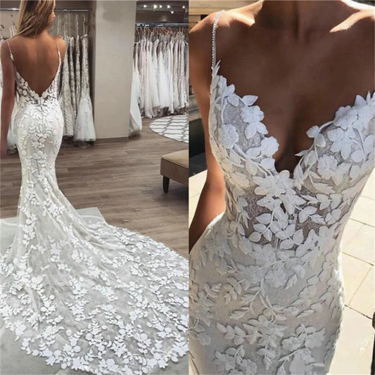 Vestido de novia con apliques de encaje bohemio, vestidos de novia de sirena 2024, tirantes finos, espalda descubierta, vestidos de novia de playa, vestido de novia