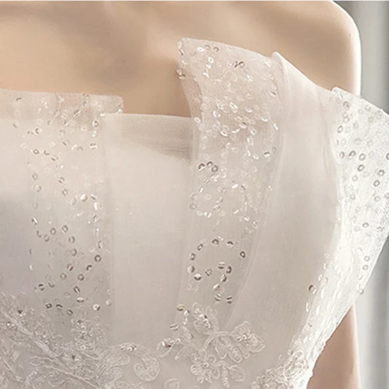 Wedding Dresses Illusion Boat Neck Short Sequined Embroidery Off The Shoulder Backless Tulle Lace Luxury Women Bride Gown GB282