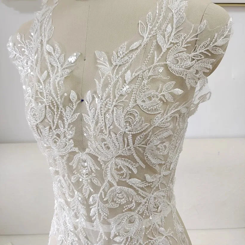 Apliques de encaje con lentejuelas y cuentas de 65*48 cm para vestido de novia, flores en 3D, tocado de novia, cuello de encaje, parche de tela de encaje RS4187