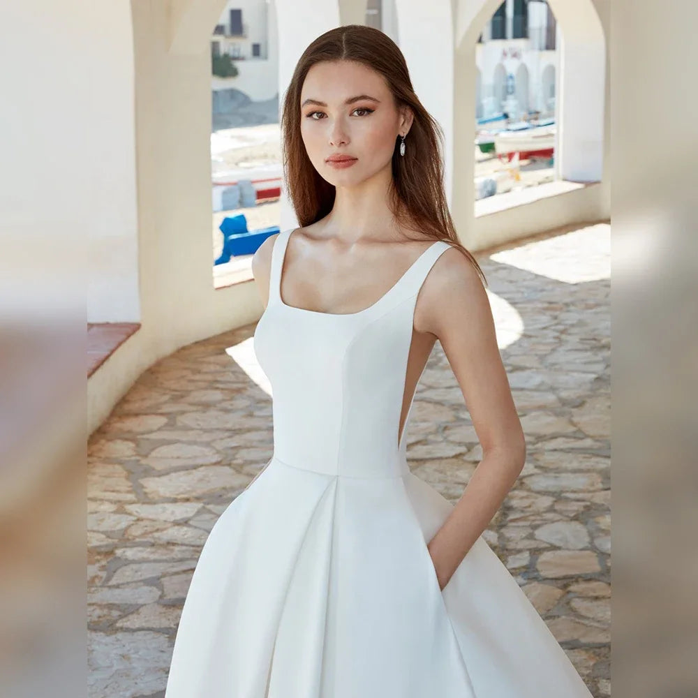 Elegant Wedding Dresses White Satin Tank Sleeveless Simple Bridal Gowns for Women 2024 Bride Open Back A Line Vestido de Novia