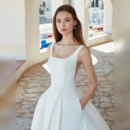 Vestidos de novia elegantes de satén blanco sin mangas, vestidos de novia sencillos para mujer 2024, vestido de novia de corte A con espalda abierta