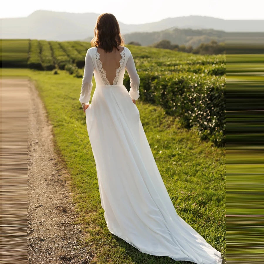 Robes de mariée françaises col rond ligne A manches longues robe de mariée élégante appliques en dentelle robe de mariée grande taille