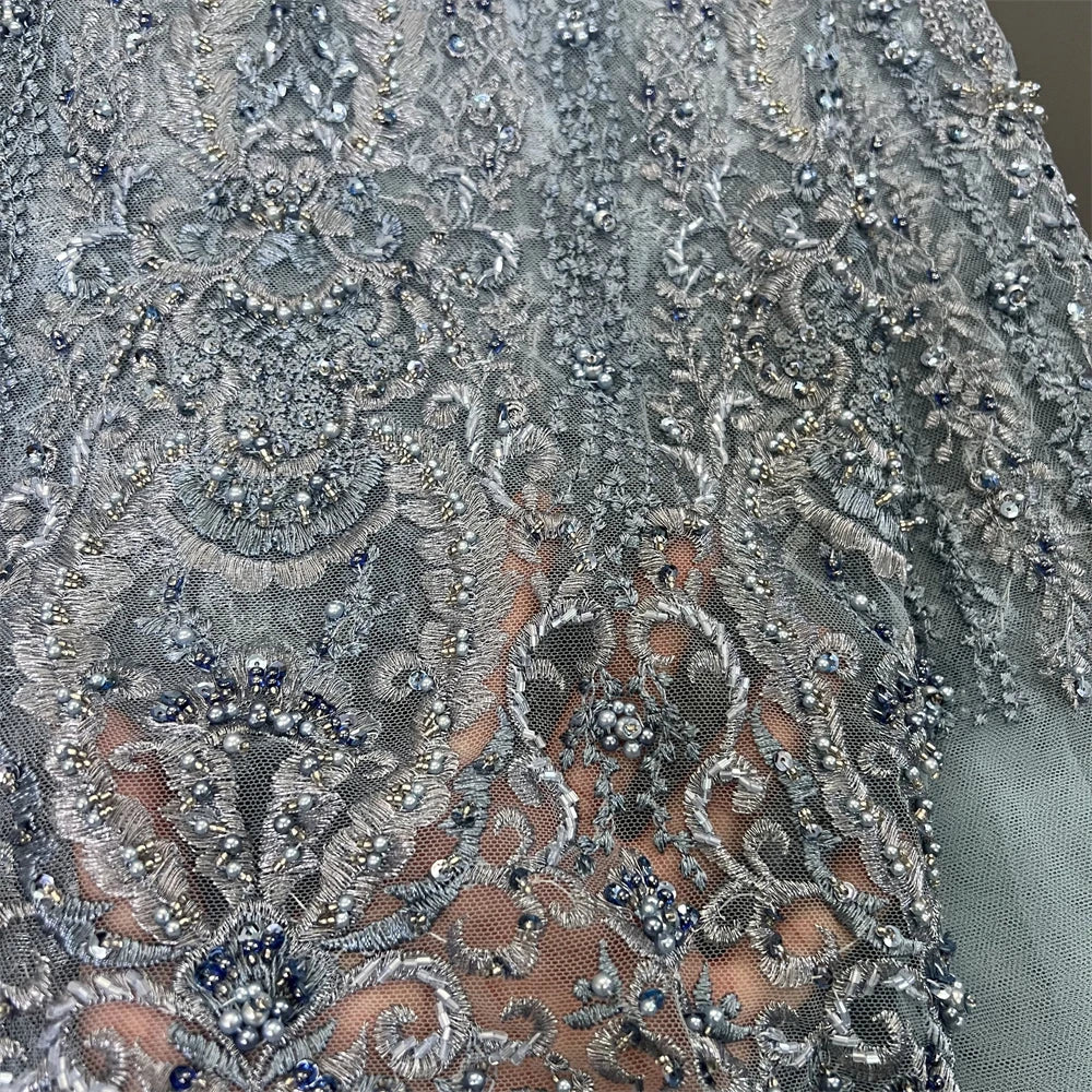 2024 African Nigerian Latest High Quality Lace Fabric With Sequins Tulle Sewing Guipure Embroidery Dresses Beads Stone 5yards