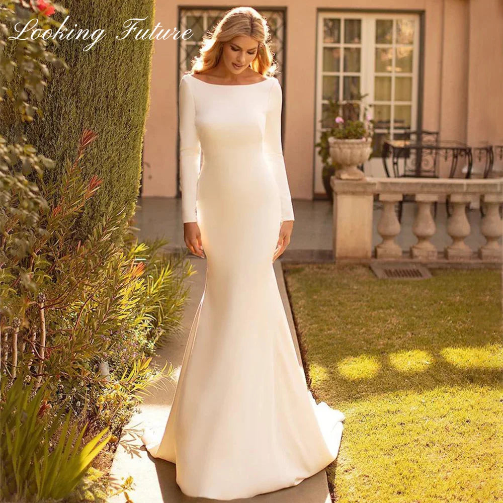 Robe de mariée sirène élégante en satin à col bénitier et col rond, robe de mariée simple blanche à manches longues, robe de mariée 2024 à traîne