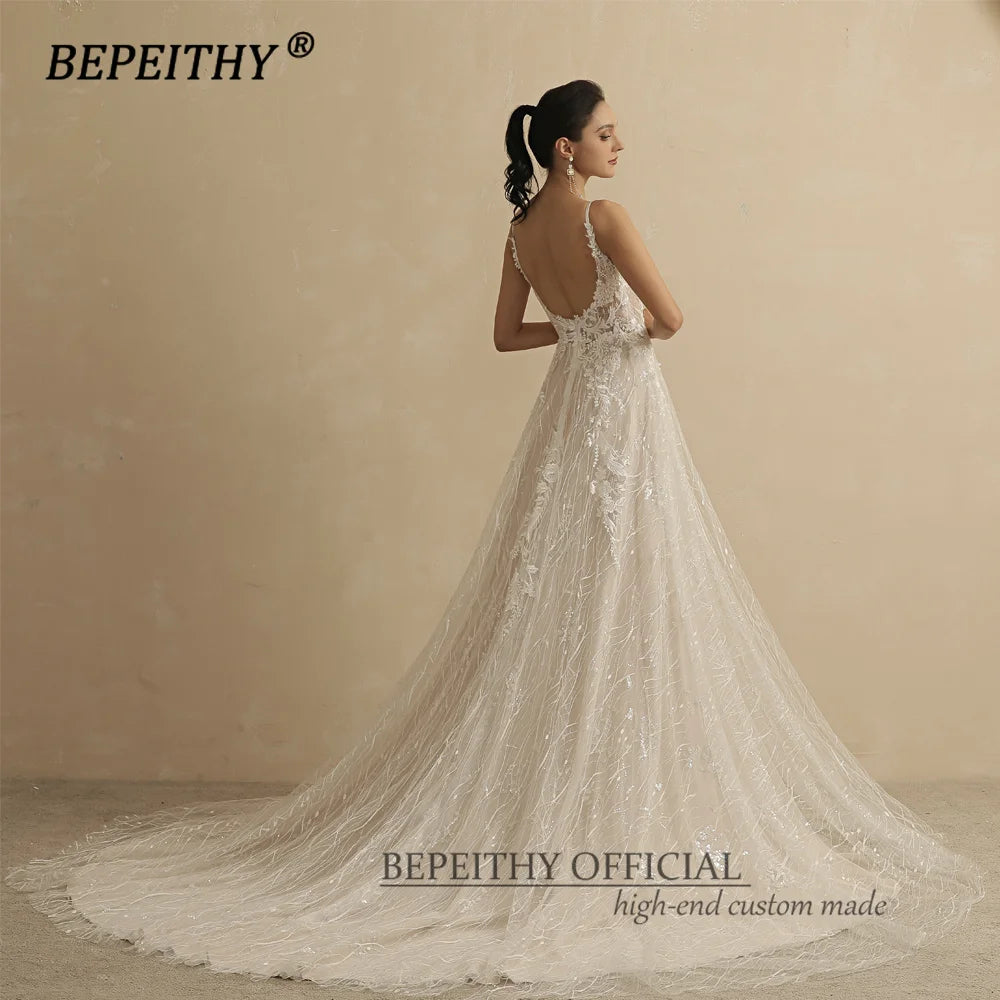 BEPEITHY A Line Lace Wedding Dresses For Women Bride 2022 Sleeveless Sexy High Slit Court Train V Neck Boho Bridal Dress Party