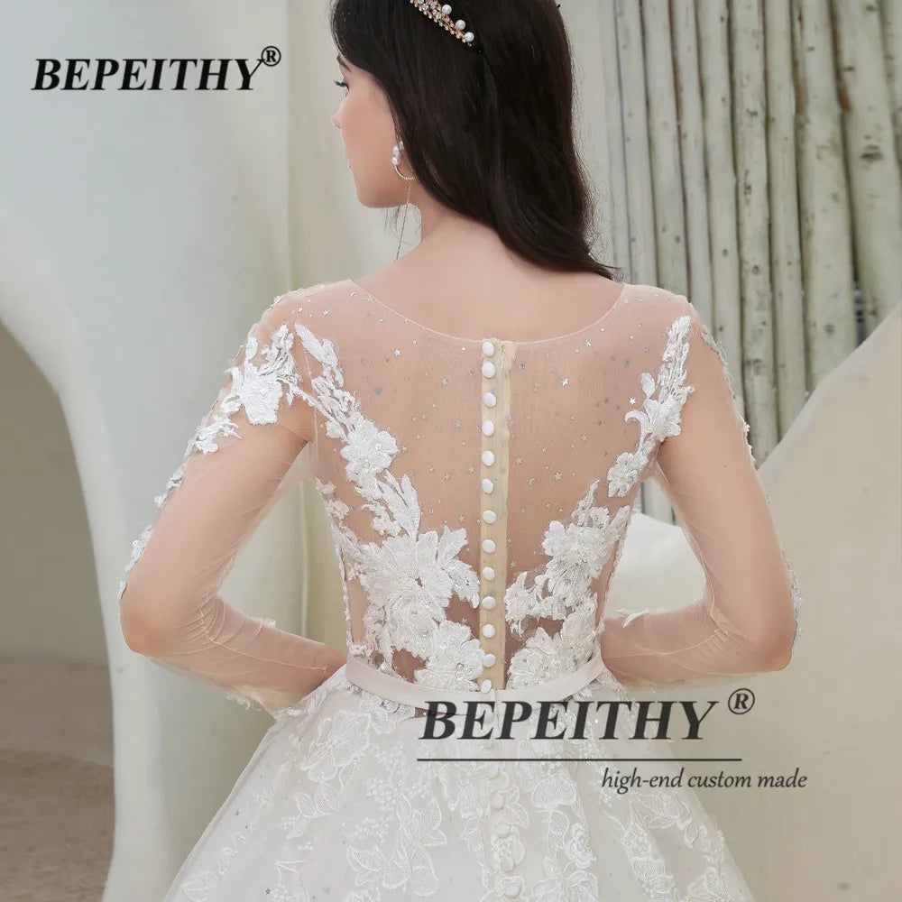 BEPEITHY A-Line Wedding Dresses For Women Full Sleeves Princess Stars Tulle Glitter Bridal Gowns Custom-made Bride Party Dress