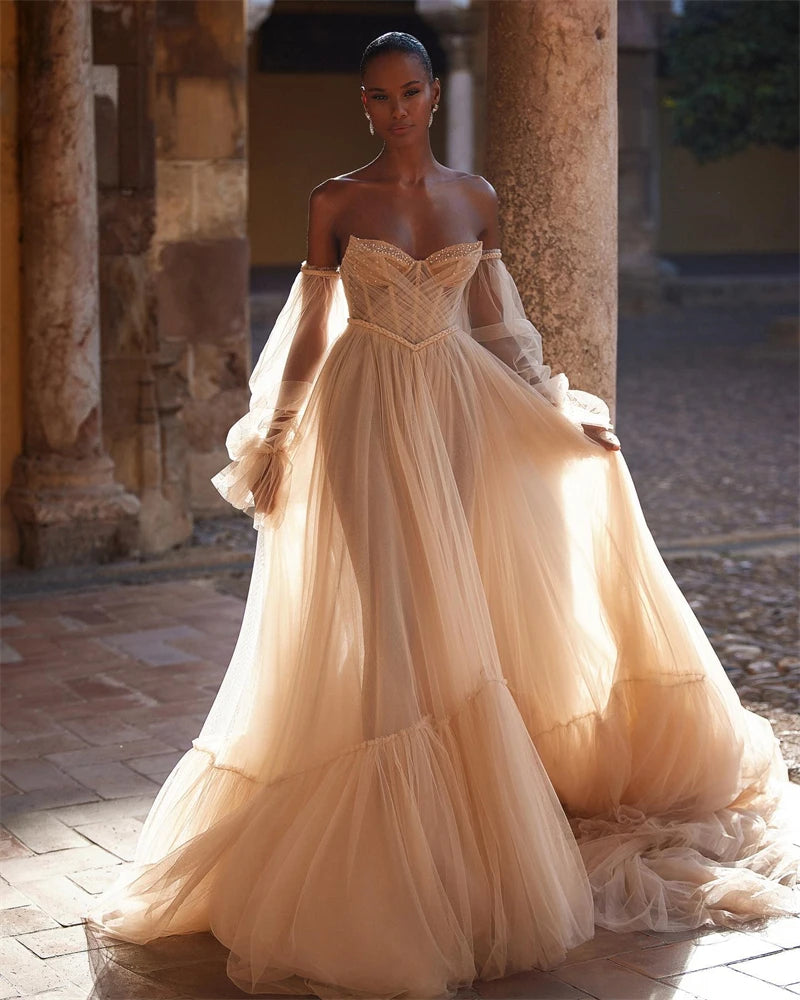 Robe de mariée bohème champagne à manches bouffantes, corset en os, perles, robe de mariée en cœur, tulle, ligne A, robes de mariée de plage pour femmes