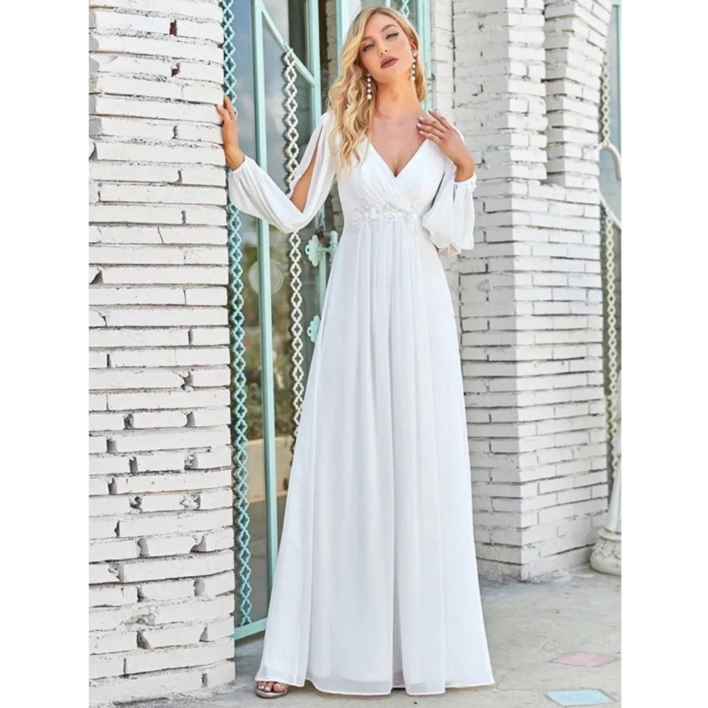 A Line Chiffon Maxi Dress For 2024 Bride Boho Wedding Dresses Chic And Simple V Neck Long Sleeves Applique Wedding Gowns