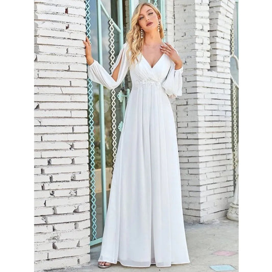 A Line Chiffon Maxi Dress For 2024 Bride Boho Wedding Dresses Chic And Simple V Neck Long Sleeves Applique Wedding Gowns