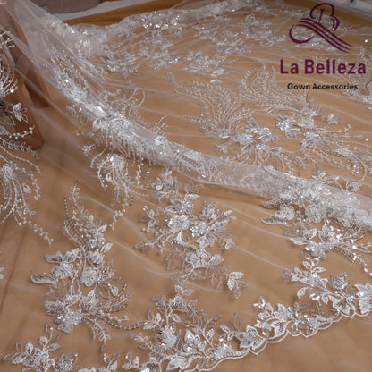 Nuevo vestido de novia de tela bordada con cuentas de arroz blanco marfil, hojas de flores y lentejuelas, imitación de perla, 1 yarda