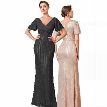 Sexy V-neck Solid Color Sequins Landing Evening Dress Elegant Party Party Dress Wedding Ladies Bridesmaid Dress Slightly Elastic