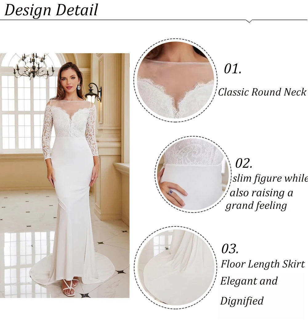 VITRCHP Long Sleeve Mermaid Wedding Dress Beach O-Neck Lace Sweep Train Button Bridal Gowns Customize To Measures Civil Sweep