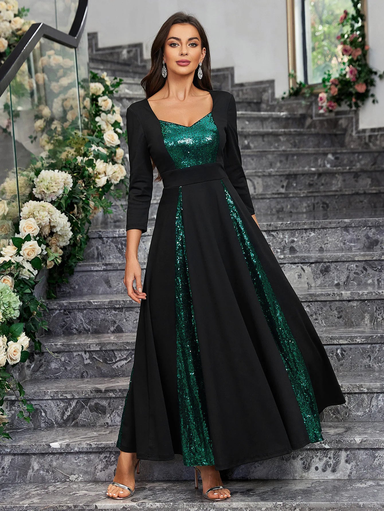 Women'S Vintage Full Sequin Formal Long Dress V Neck Open Back Wedding Party Gowns 2024 Stretchy Graduation Cocktail Prom Dress