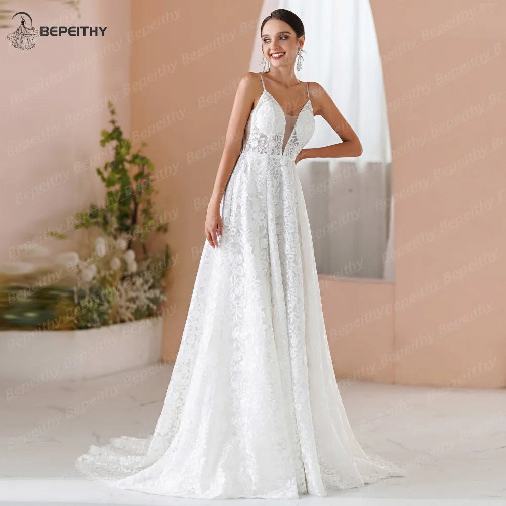 BEPEITHY Simple French Lace A Line Wedding Dresses For Women Sleeveless Sexy Open Backless Beach V Neck Bride Bridal Party Gown