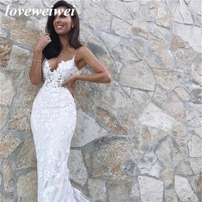 Boho Wedding Dresses Mermaid Bridal Dress 2022 Spaghetti Straps Backless Lace Appliques Beach Bride Gowns Vestido De Noiva